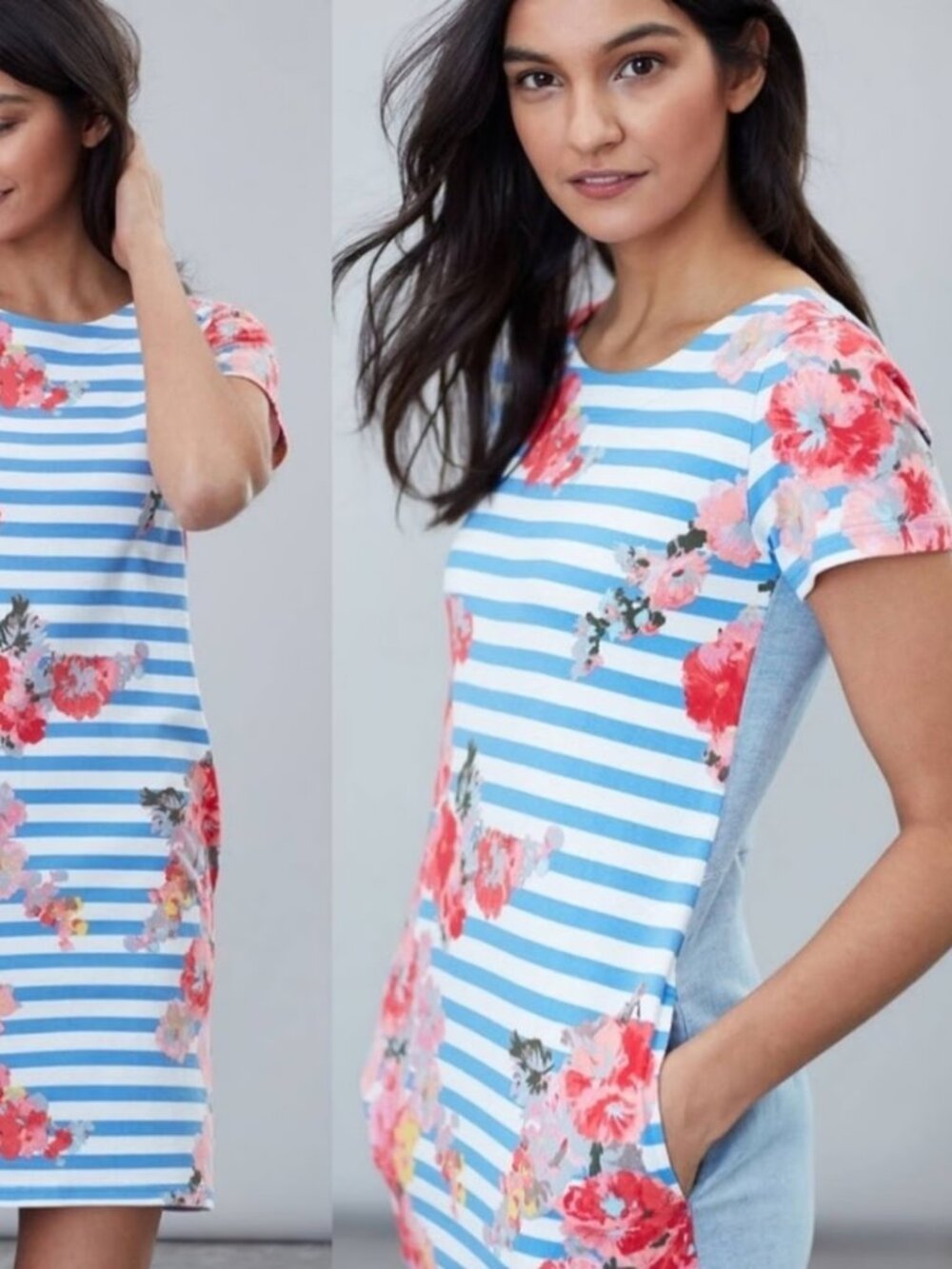 Joules Ottie Nautical Preppy Coastal Blue & White Linen Striped Floral Dress 10